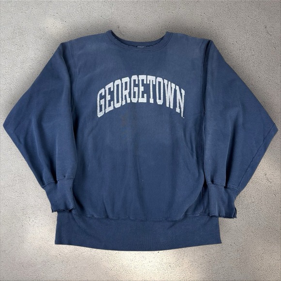 Vintage Champion Reverse Weave Georgetown Sweatshirt‎ Large Navy Blue Faded